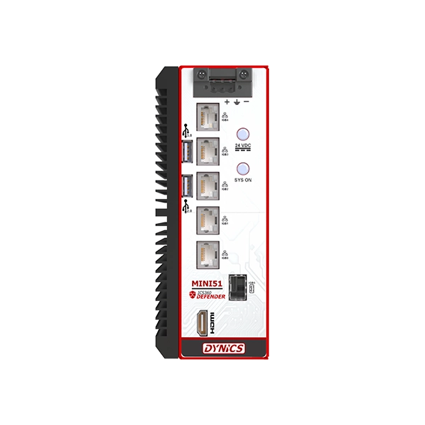 Industrial computer unit with multiple ports, labeled as MINI51 by Dynics, featuring HDMI, USB, and Ethernet connections, with indicator lights.