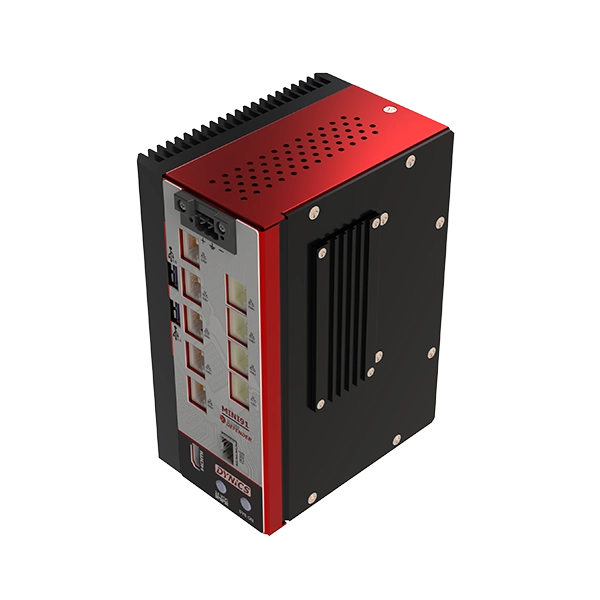 A red and black electrical device with a vented top and multiple ports on the front panel.