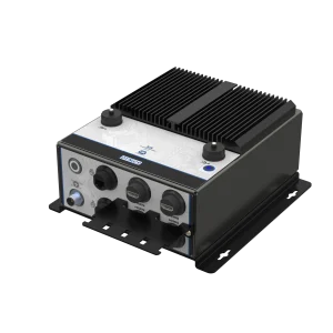 A black and gray electronic device with multiple input and output ports and two ventilation knobs on top.