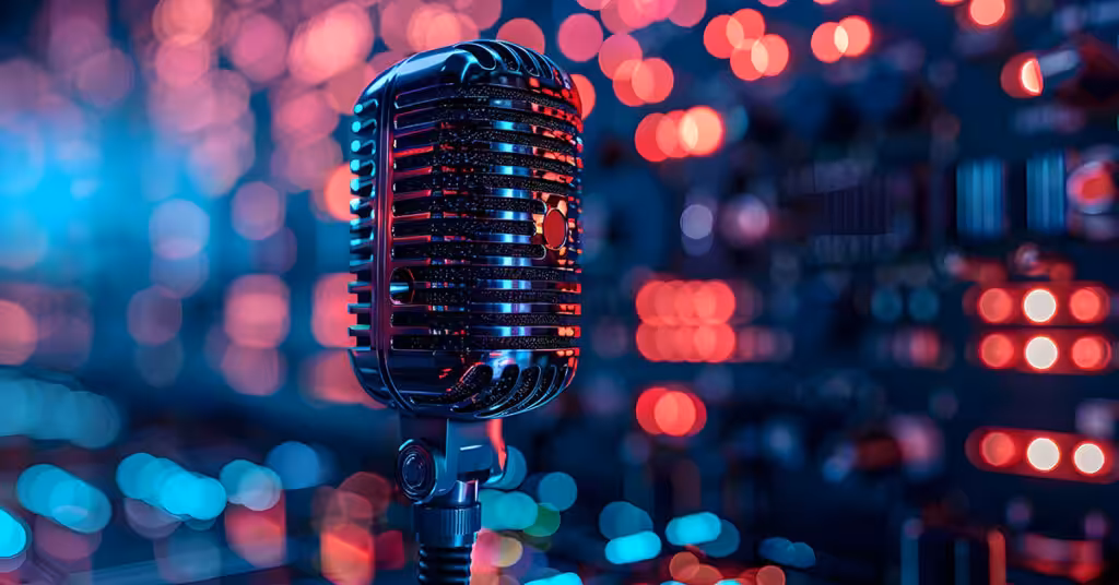 A vintage-style microphone stands against a backdrop of blurred multicolored bokeh lights in red and blue hues.