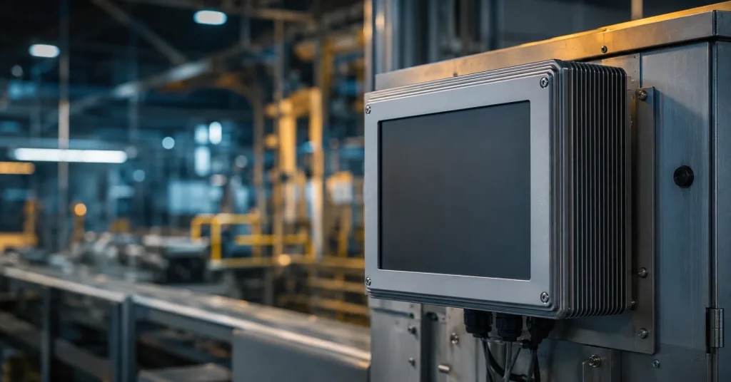 A fanless embedded industrial PC is mounted on a control panel in a manufacturing facility, emphasizing critical infrastructure security and IEC 62443 compliance for industrial control systems.