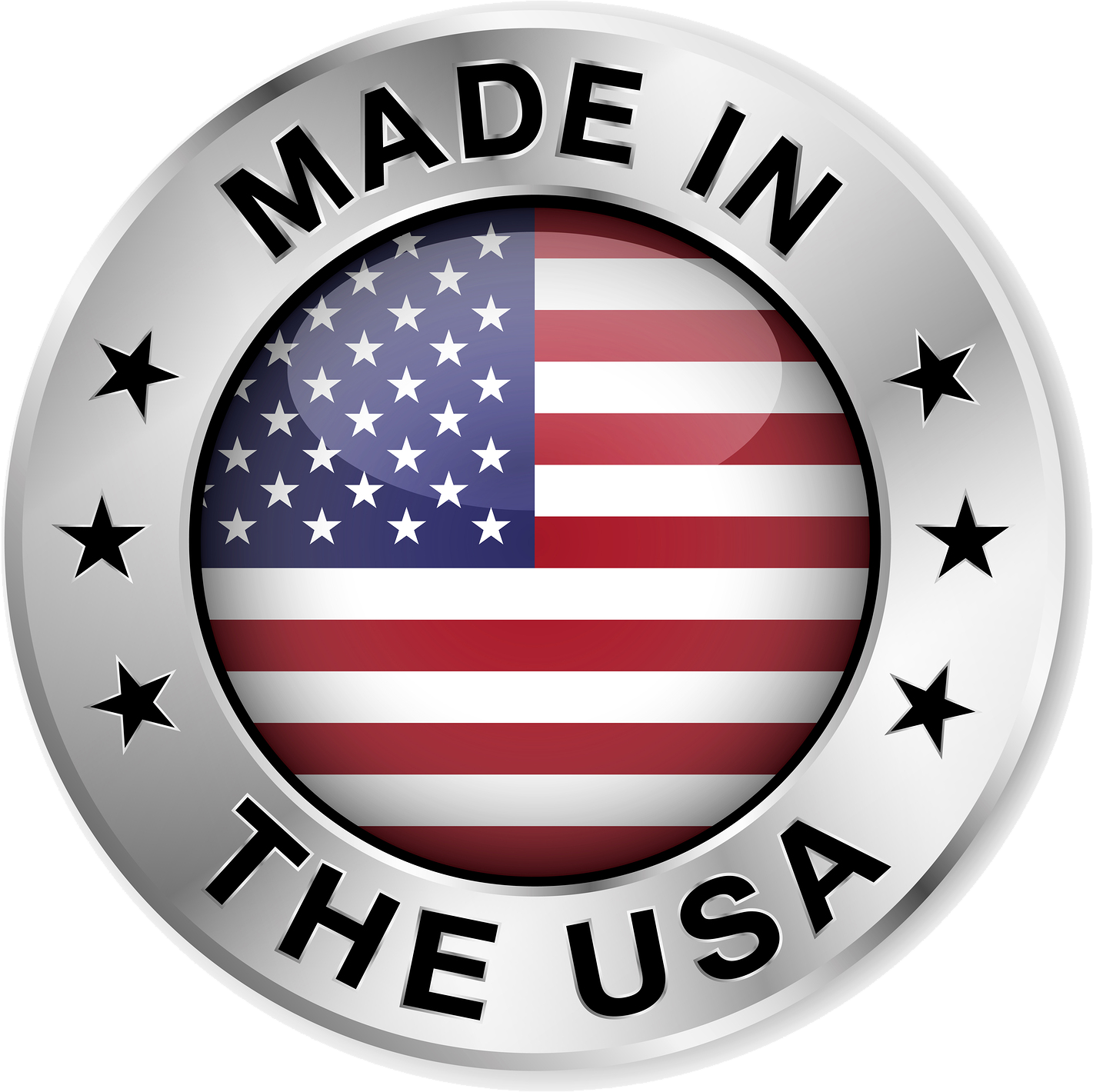 Circular emblem featuring the American flag in the center, surrounded by the text "Made in the USA" in a metallic border with stars.