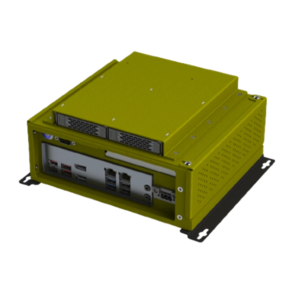 Ruggedized Compact Industrial Computer Unit Yellow industrial computer with multiple ports on the front panel, including USB and Ethernet connections.
