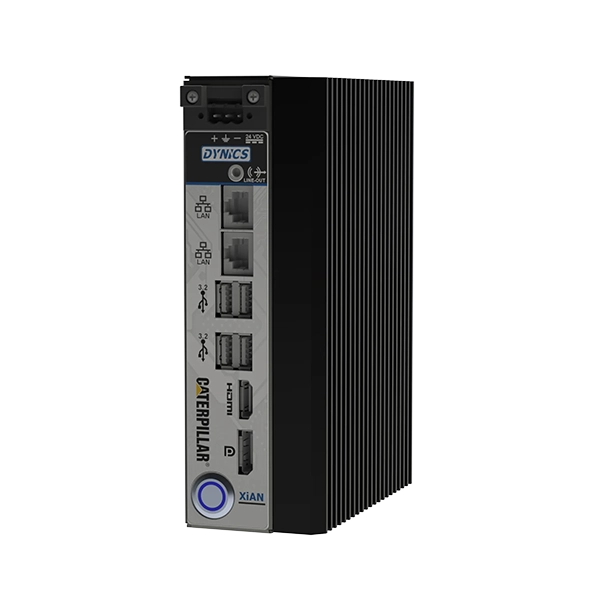 Industrial Computer System by Dynics A black and gray industrial computer with multiple ports on the front panel, including USB, ethernet, HDMI, and DisplayPort, and featuring a prominent power button.