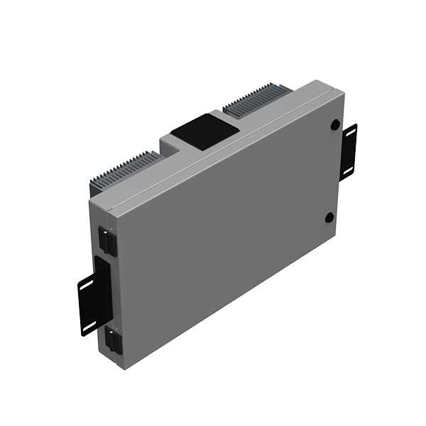 A rectangular, silver electronic device with black protruding connectors on its sides and a textured section on top.