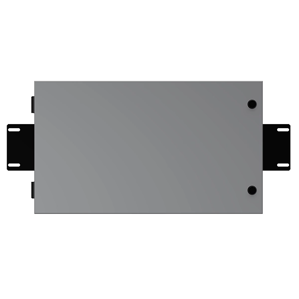 A rectangular gray metal panel with two black mounting brackets on each side.
