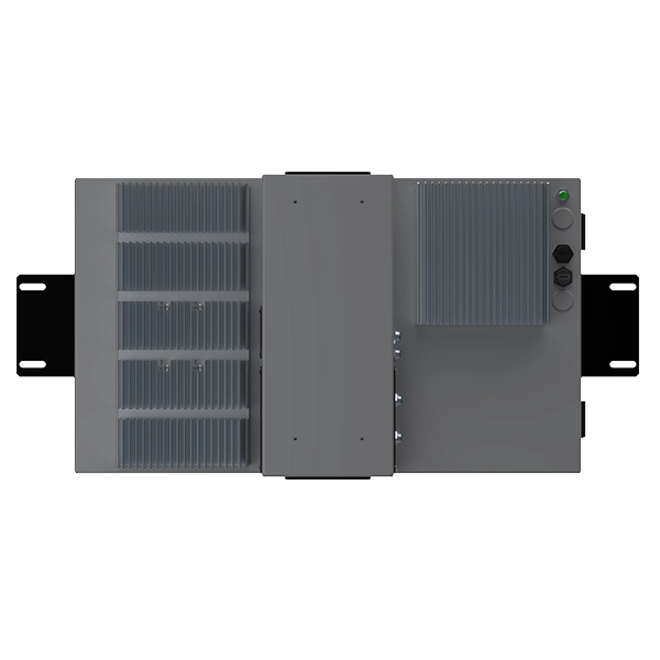 A grey industrial electrical enclosure with open panels, revealing cooling fins and control buttons on the right side.