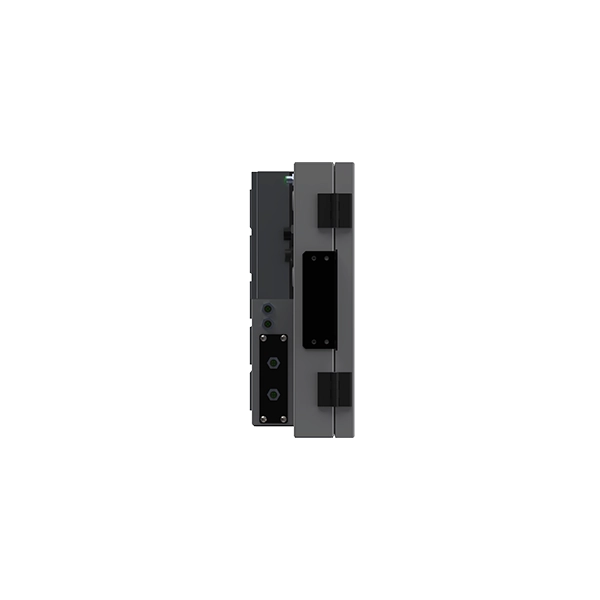A side view of a compact, rectangular device with multiple ports and a black mounting bracket.