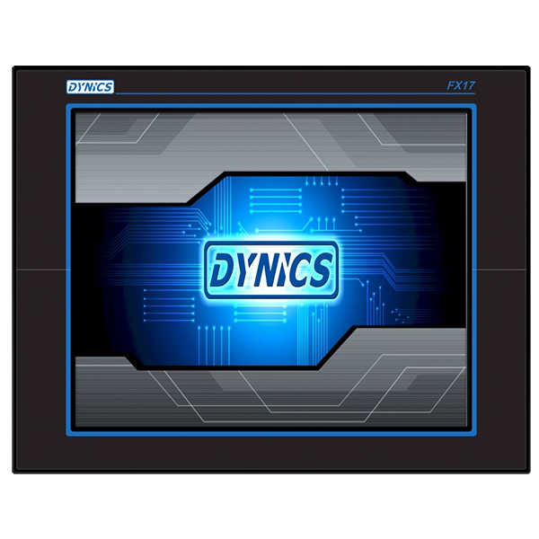 DYNICS FX17 Industrial Touchscreen Display A black and blue display screen features the word "DYNICS" in a futuristic, digital style surrounded by circuit-like patterns.