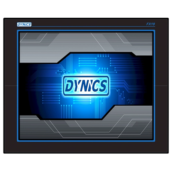 DYNICS FX19 Touchscreen Interface A digital display screen with a futuristic design featuring the word "DYNICS" illuminated against a blue and gray circuit-like background.
