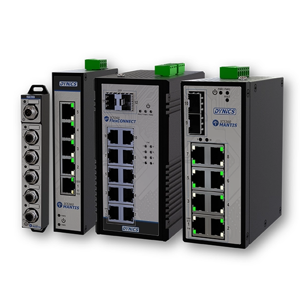 Industrial Ethernet Switch Solutions Three industrial network switches with multiple Ethernet ports and green connectors on top.