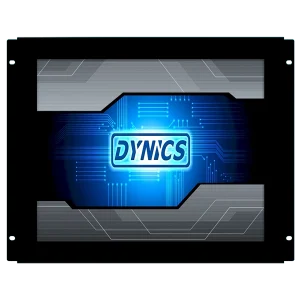 A black and silver electronic display with the word "DYNICS" illuminated in blue over a circuit design background.