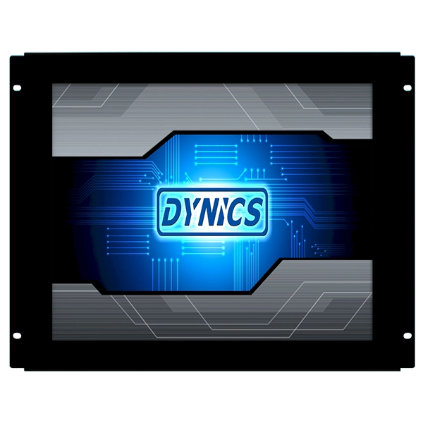 A black and silver electronic display with the word "DYNICS" illuminated in blue over a circuit design background.