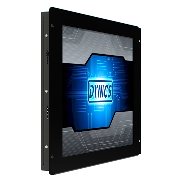 A black-framed, wall-mounted screen displays a digital blue circuit design with the word "DYNICS" in the center.