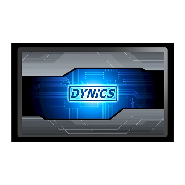 DYNICS Futuristic Technology Display A digital display screen with a futuristic design shows the word "DYNCIS" in bold, set against a blue and black circuit-like background.