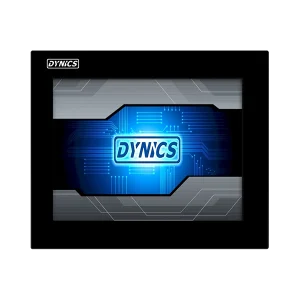 A black-framed display screen with a glowing blue circuit design featuring the word "DYNICS" in the center.