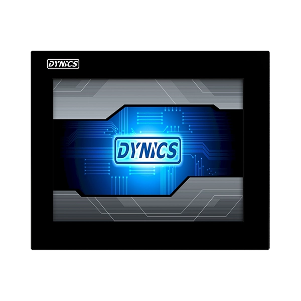 A black-framed display screen with a glowing blue circuit design featuring the word "DYNICS" in the center.
