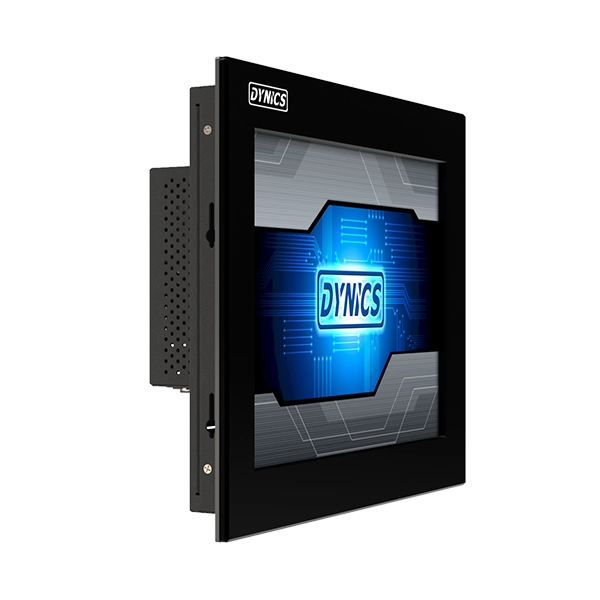 A black industrial monitor displays a blue digital design with the word "DYNCIS" on the screen, mounted in a side profile view.