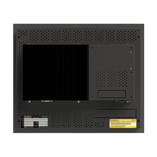 Back view of a black electronic device with various vents and a label, likely indicating specifications.
