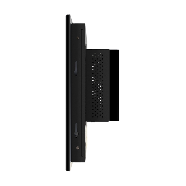 A slim, black, side profile view of a flat-screen monitor with mounting elements and visible ventilation holes on the backside.