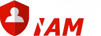 IAM Security Logo Design Red shield icon with a white silhouette of a person next to the bold red letters "IAM".