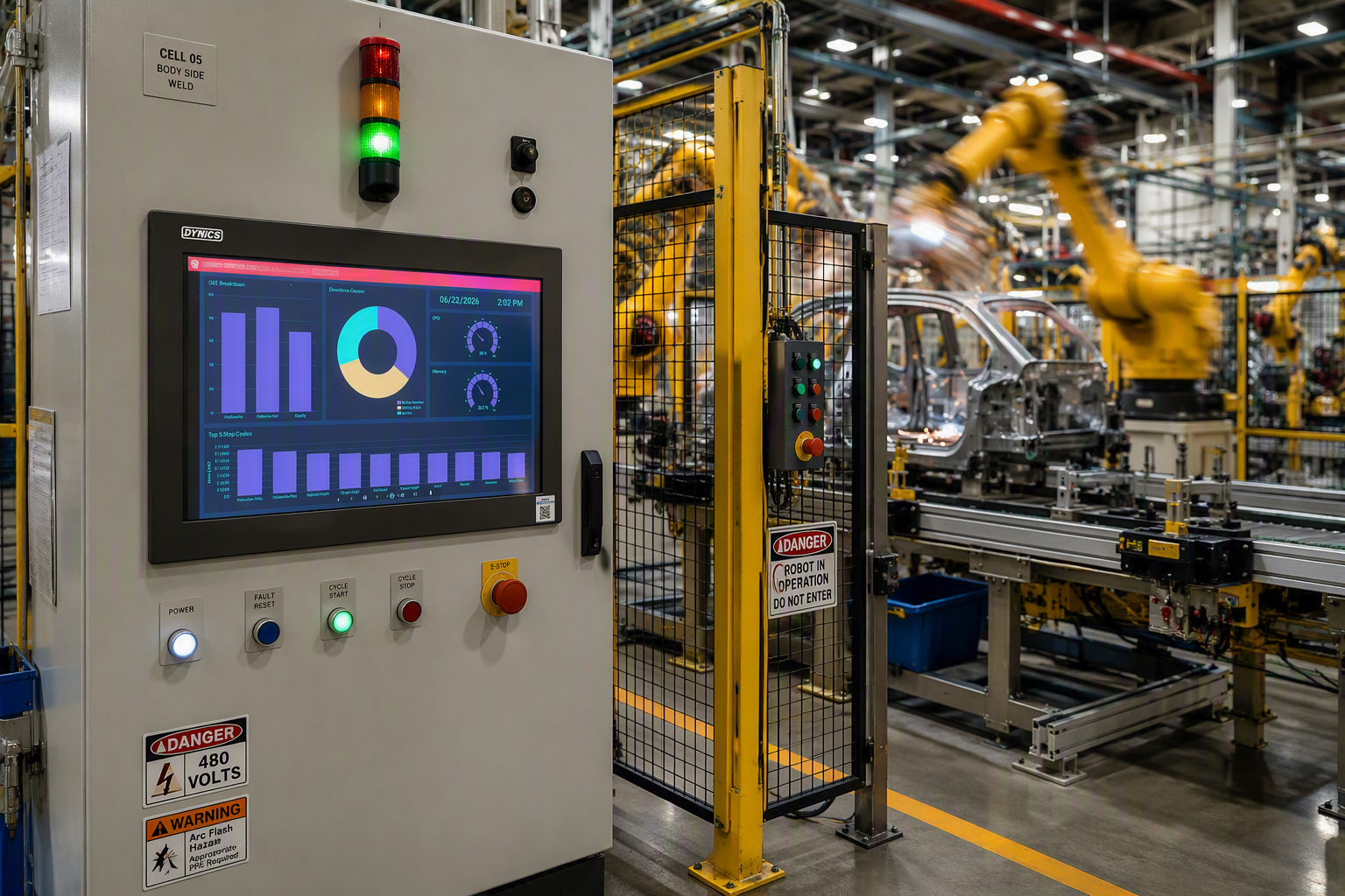 Automated Factory Robotics in Action A factory features a control panel with a digital display and safety buttons, alongside robotic arms working on car bodies in a production line environment.