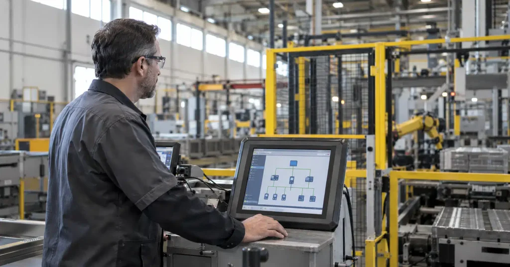Controls engineer reviewing OT network segmentation zones on a plant floor workstation