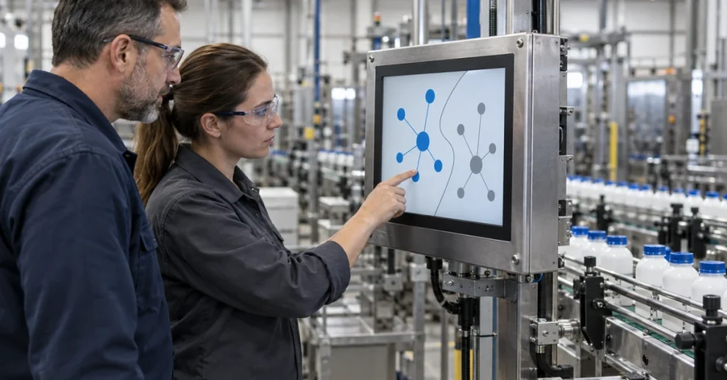 A woman taps a network diagram on a panel PC by a bottle conveyor as a bearded man watches, for an article on OT ransomware.