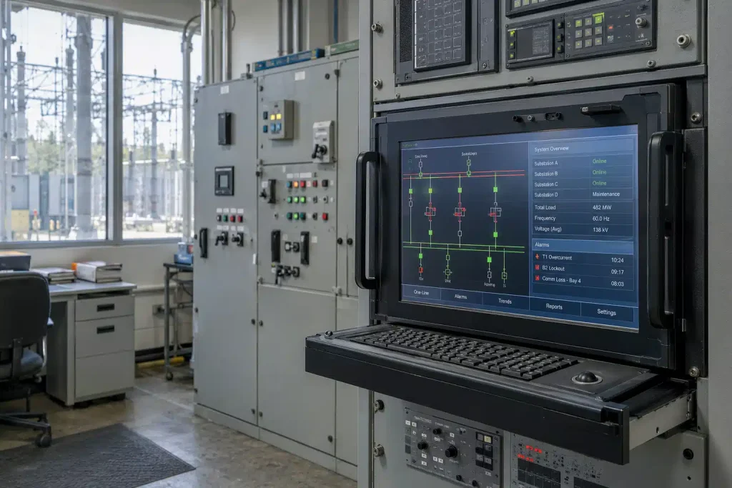 NERC CIP compliance dashboard on an industrial panel PC in an electrical substation control room